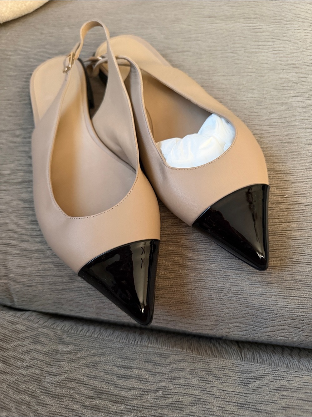Sarah Flint Beige Leather Slingback Flats with Black Patent Pointed Toe